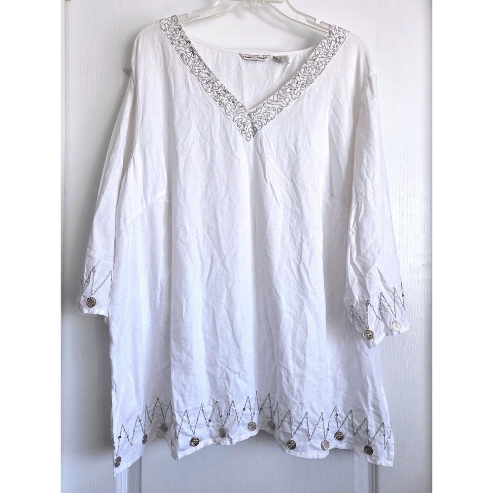 Edward Woman White 100% Linen Tunic Top Sz 3X‎ Silver Coin Sequin Embroider Boho